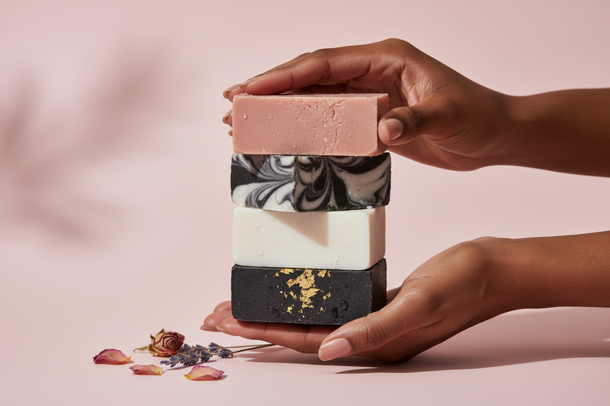 pink pale spa pastel background dark tone hands holding a stack of artisan soap one pink, one black white swirl one white and one black and gold